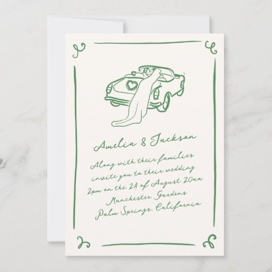Whimsical Hand getekende groene bruiloft + details Kaart (Voorkant)