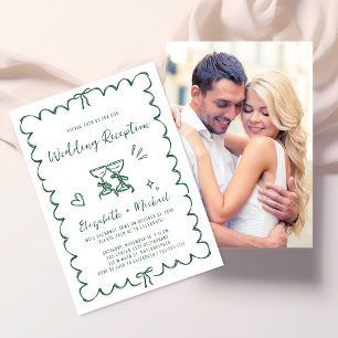 Whimsical Hand Getekende Groene Foto Trouwreceptie Kaart