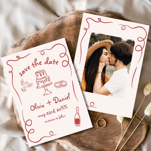 Whimsical Hand Getekende Rode Huwelijksfoto Save The Date