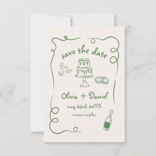 Whimsical Hand Getekende Trouw Franse Groen Save The Date (Voorkant)