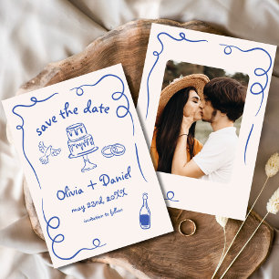 Whimsical Hand Getekende Trouwfoto Marineblauw Save The Date