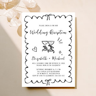 Whimsical Hand Getekende Zwart Witte Trouwreceptie Kaart