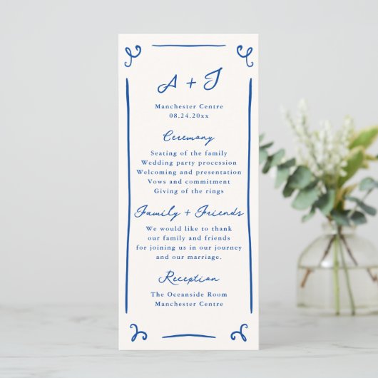 Whimsical Hand Getrokken Blauw Huwelijksprogramma  Menu (Staand voorkant)