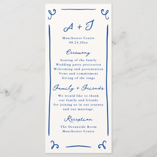 Whimsical Hand Getrokken Blauw Huwelijksprogramma  Menu (Voorkant)