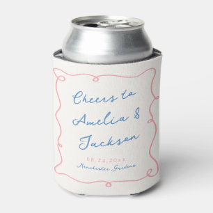 Whimsical Hand Getrokken Blauw & Roze Bruiloft Blikjeskoeler