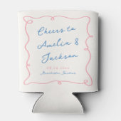 Whimsical Hand Getrokken Blauw & Roze Bruiloft Blikjeskoeler (Achterkant)