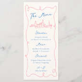 Whimsical Hand Getrokken Blauw & Roze Bruiloft Menu (Voorkant)