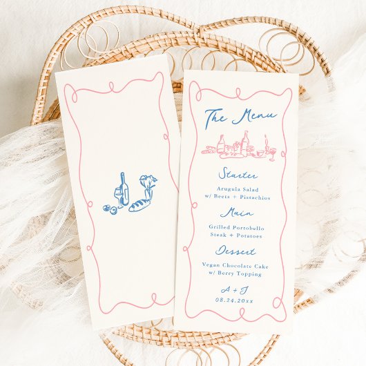 Whimsical Hand Getrokken Blauw & Roze Bruiloft Menu