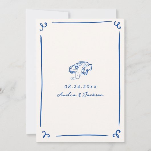 Whimsical Hand Getrokken Blauw Sla de Datum op Kaart (Achterkant)