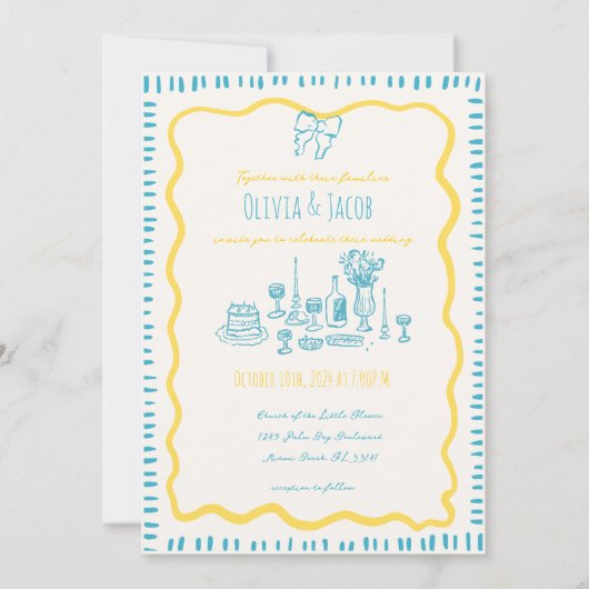 Whimsical Hand Getrokken Blauwe Bow Wavy Bruiloft Kaart (Voorkant)