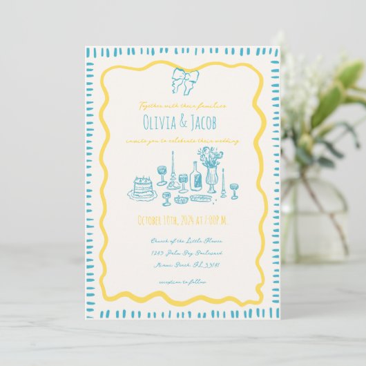 Whimsical Hand Getrokken Blauwe Bow Wavy Bruiloft Kaart (Staand voorkant)