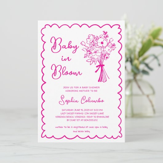 Whimsical Hand Getrokken Bloem Boeket Baby in Bloo Kaart (Staand voorkant)