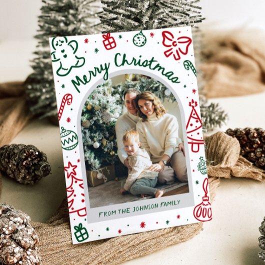 Whimsical Hand getrokken boog foto vrolijk kerstfe Feestdagenkaart