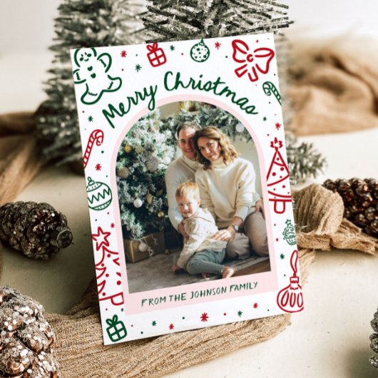 Whimsical Hand getrokken boog foto vrolijk kerstfe Feestdagenkaart