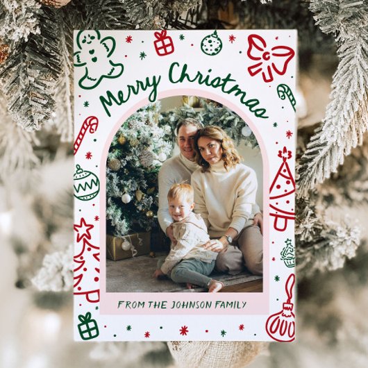 Whimsical Hand getrokken boog foto vrolijk kerstfe Feestdagenkaart