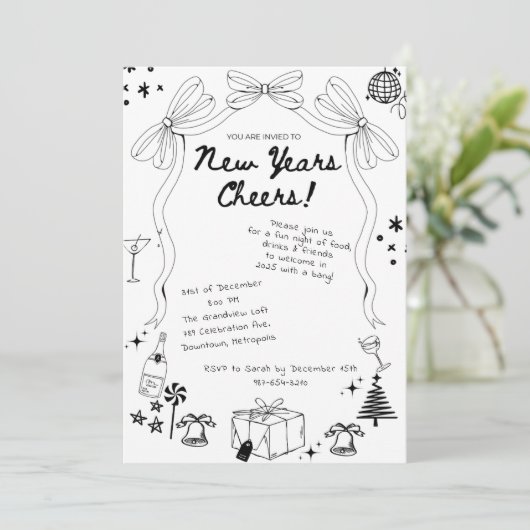 Whimsical Hand getrokken boog New Years Eve Party Kaart (Staand voorkant)