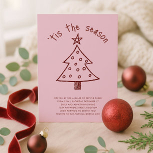Whimsical Hand Getrokken Boom Rood Roze Kerstfeest Kaart