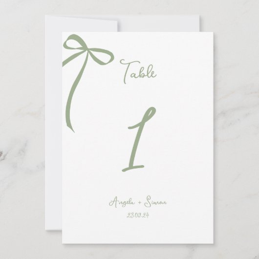 Whimsical Hand getrokken Bow Sage Groen Tafelnumme (Voorkant)