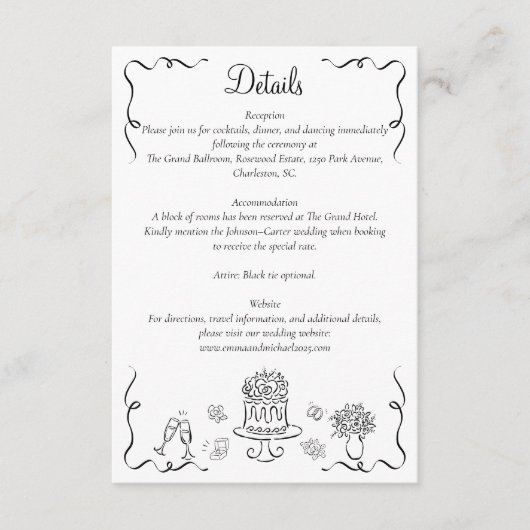 Whimsical Hand Getrokken bruiloft details Informatiekaartje (Voorkant)