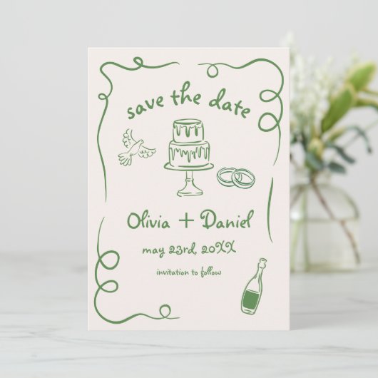 Whimsical Hand Getrokken bruiloft Eigenzinnig Groe Save The Date (Staand voorkant)