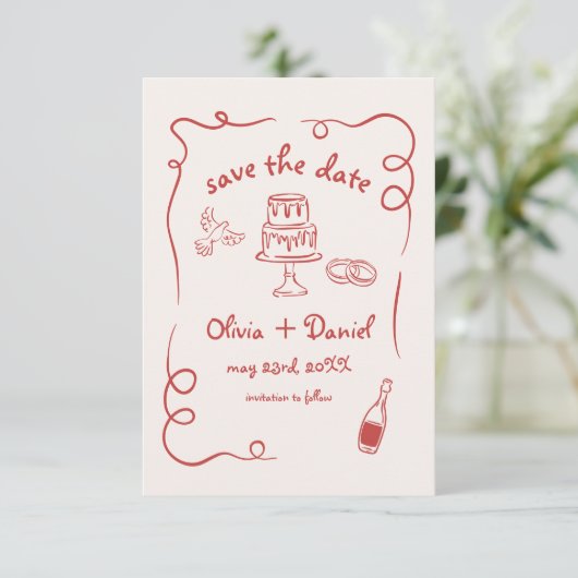 Whimsical Hand getrokken bruiloft foto rood Save The Date (Staand voorkant)