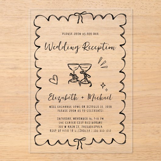 Whimsical Hand getrokken bruiloft receptie Acryl Uitnodigingen (Voorkant)