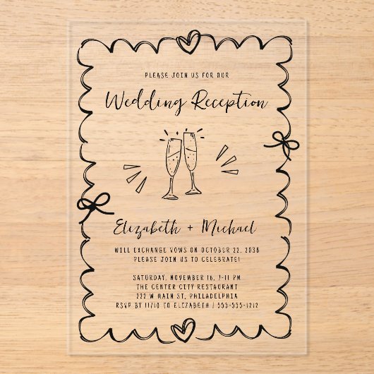 Whimsical Hand getrokken bruiloft receptie Acryl Uitnodigingen (Voorkant)