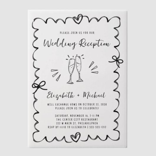 Whimsical Hand getrokken bruiloft receptie Vellum Uitnodigingen (Voorkant)