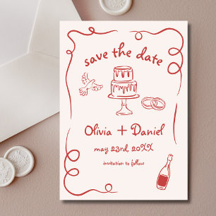 Whimsical Hand getrokken bruiloft rood Save The Date