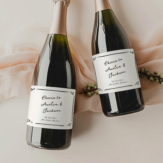 Whimsical Hand getrokken bruiloft Sparkling Wijnetiket