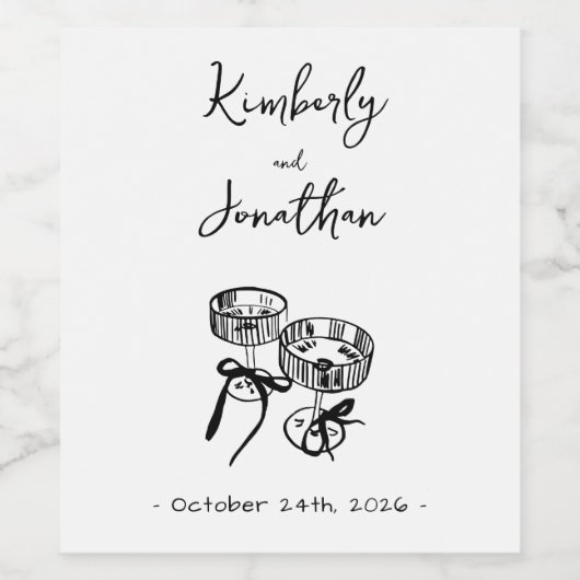 Whimsical Hand getrokken Champagne bruiloft Wijn Etiket (Enkel label)
