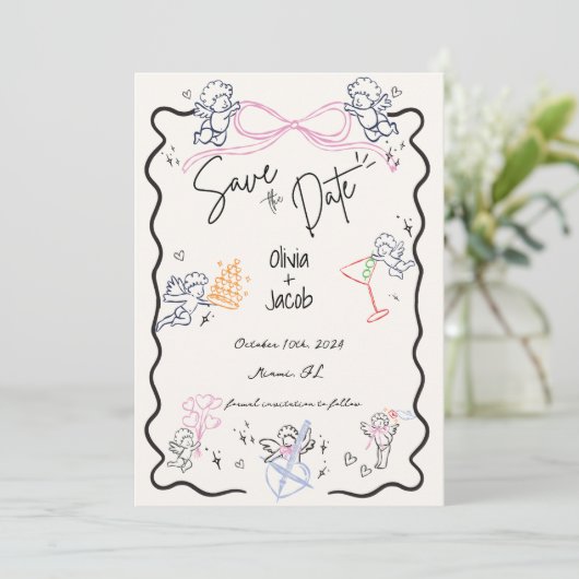 Whimsical Hand getrokken Cupido Scribble Bow Bruil Kaart (Staand voorkant)