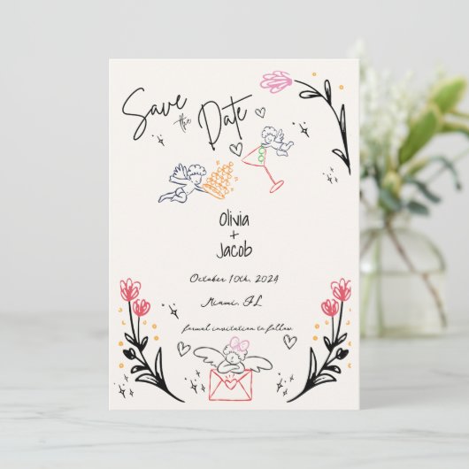 Whimsical Hand getrokken Cupido Scribble Bow Bruil Kaart (Staand voorkant)