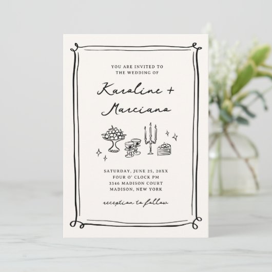 Whimsical Hand getrokken Doodles bruiloft QR-code Kaart (Staand voorkant)