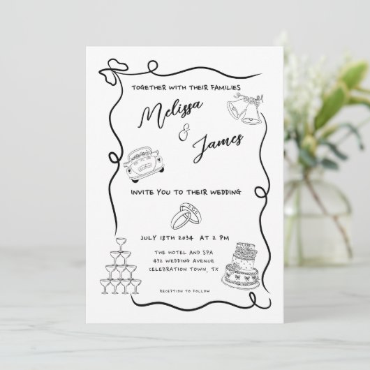 Whimsical Hand getrokken eigenzinnige bruiloft Kaart (Staand voorkant)