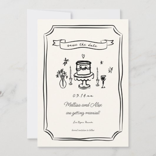 Whimsical Hand getrokken eigenzinnige bruiloft Save The Date (Voorkant)