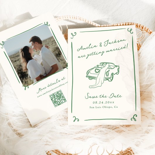 Whimsical Hand Getrokken Groen Sla de Datum QR Cod Kaart