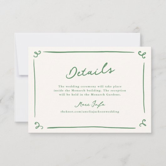 Whimsical Hand getrokken groene bruiloft details Kaart (Voorkant)