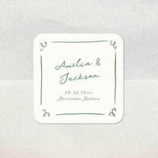 Whimsical Hand getrokken groene bruiloft Vierkante Sticker