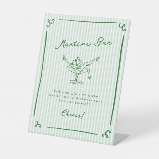 Whimsical Hand getrokken Groene Martini Bar Reclamebord Met Voetstuk (Voorkant)