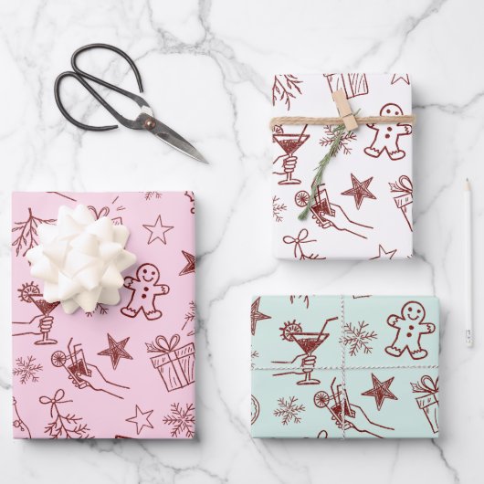 Whimsical Hand getrokken Kerst Doodles Patroon Inpakpapier Vel (Voorkant)