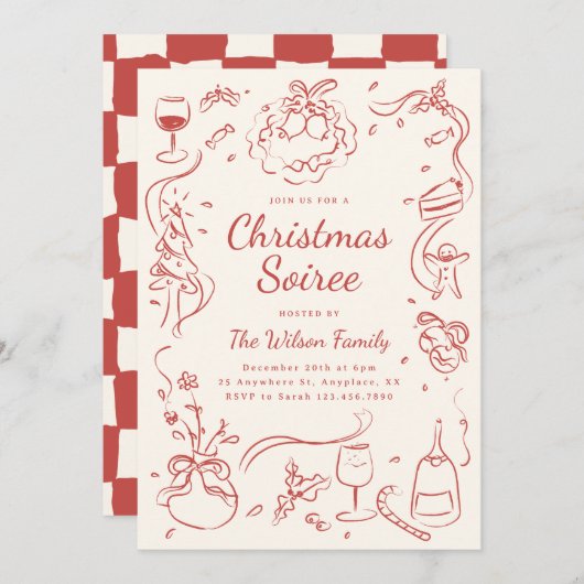 Whimsical Hand Getrokken Kerstfeest Uitnodiging (Voorkant / Achterkant)