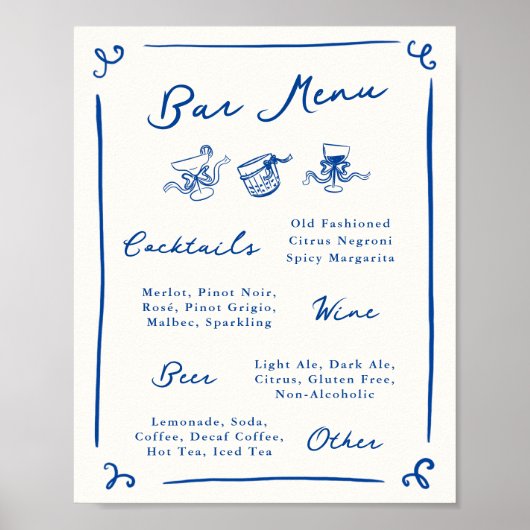 Whimsical Hand getrokken Navy Bar Menu Poster (Voorkant)