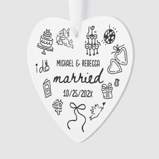 Whimsical Hand getrokken Pas getrouwd eerste kerst Ornament (voorkant)