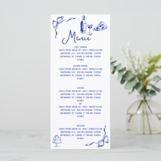 Whimsical Hand getrokken Pizza & Wijn Frans Blauw Menu (Staand voorkant)
