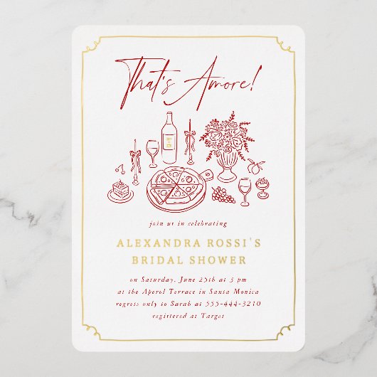 Whimsical Hand getrokken Pizza & Wijn Vrijgezellen Folie Uitnodiging (Voorkant)