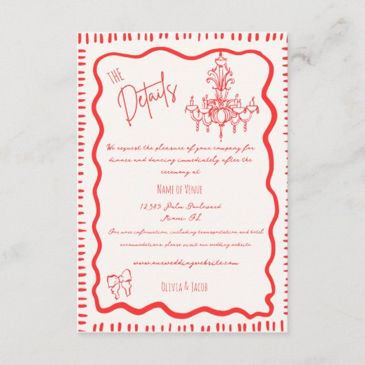 Whimsical Hand getrokken rode boog golvende bruilo Informatiekaartje (Voorkant)