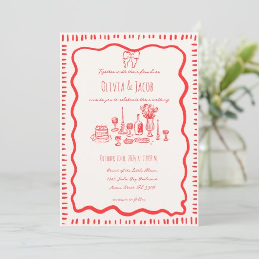 Whimsical Hand getrokken rode boog golvende bruilo Kaart (Staand voorkant)