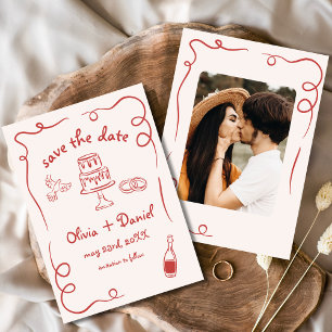 Whimsical Hand getrokken rode bruiloft foto Save The Date
