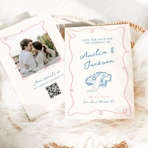 Whimsical Hand Getrokken Roze & Blauw Sla de Datum Kaart